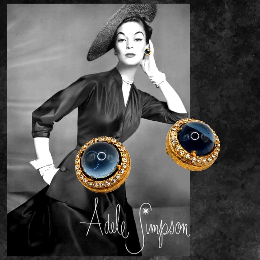 1940s Vintage Adele Simpson Signed Clip on Earrings Dark Blue Glass +Rhinestones